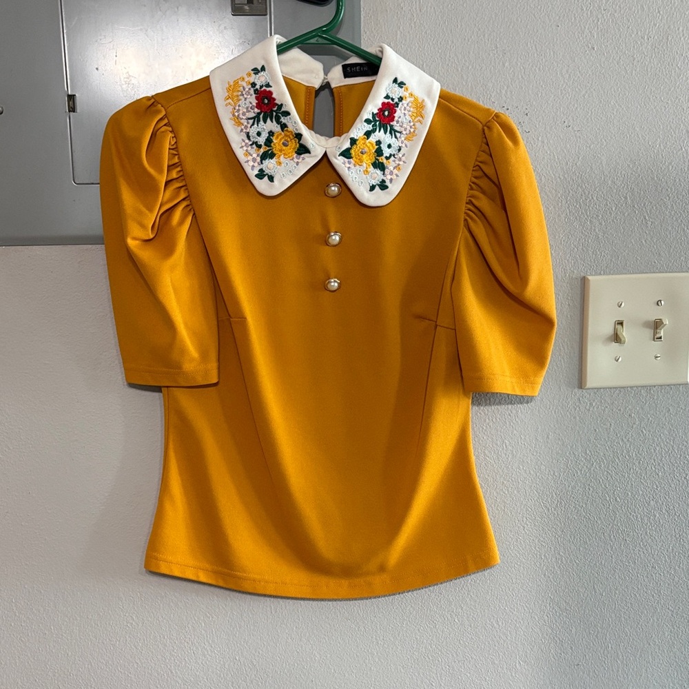 SHEIN Mustard Yellow Puff Sleeve Top with Embroidered Peter Pan Collar
